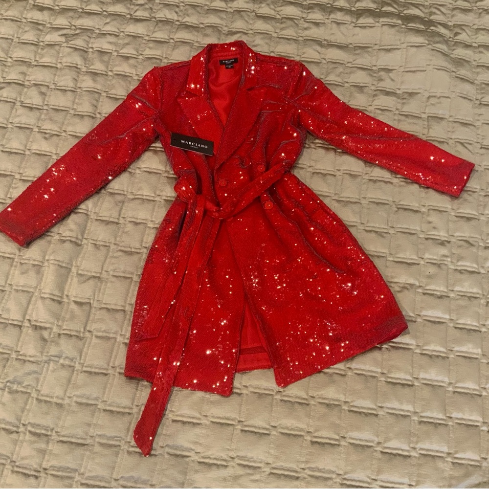 New Guess Marciano Sequin Red Tuxedo Blazer Leggy Dress XS